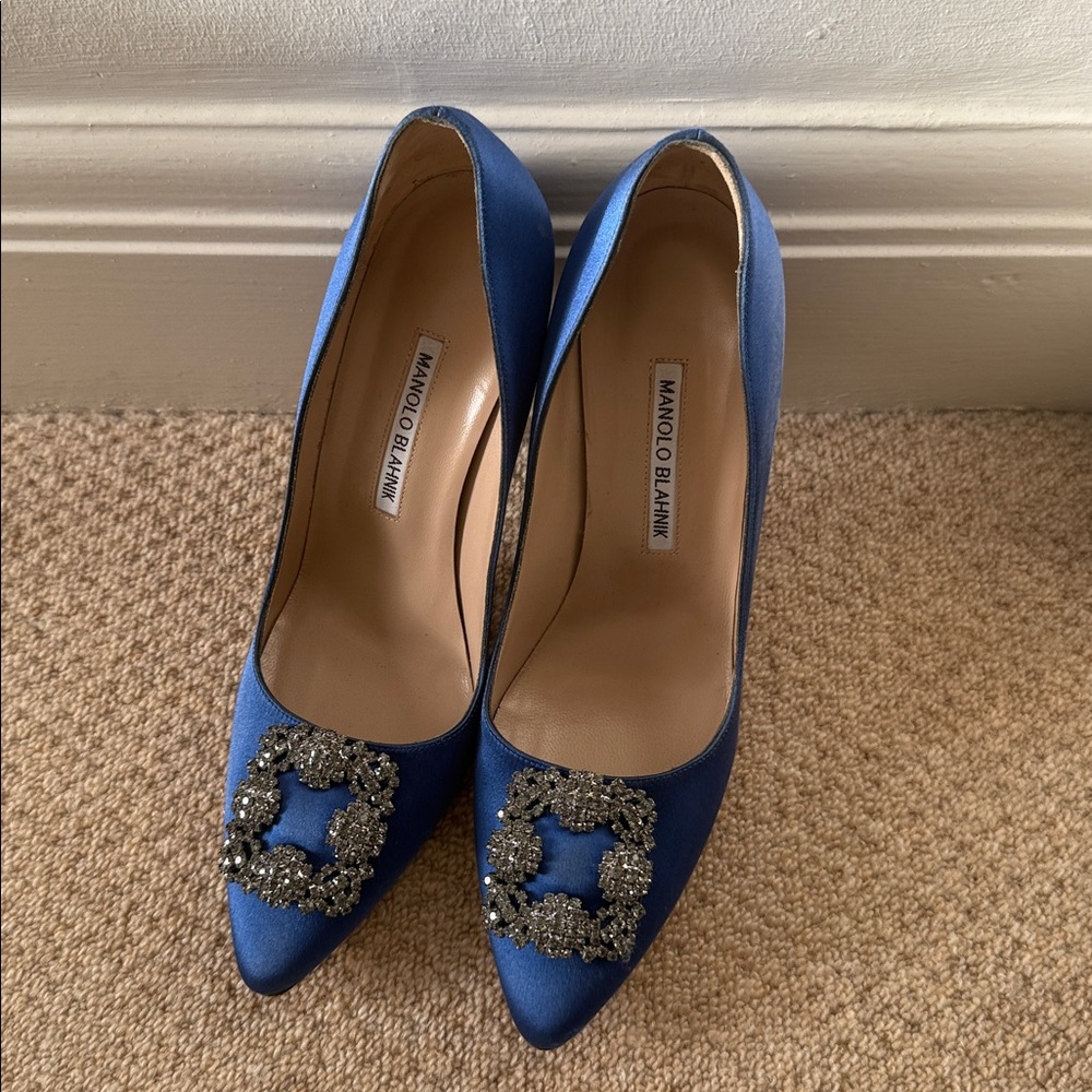 Manolo Blahnik Blue and Beige Heels